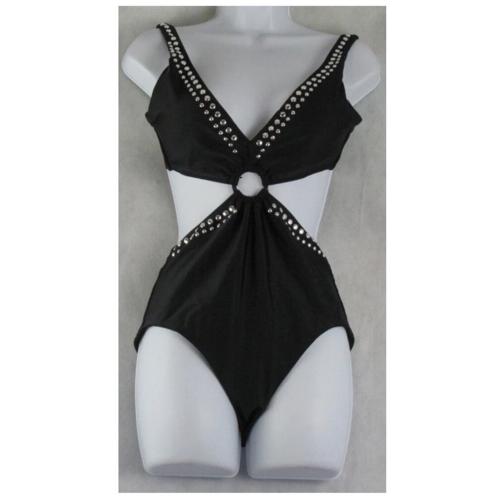 NWT Bar III Women's Studded One-Piece Swimsuit, Black With Silver - Picture 3 of 4